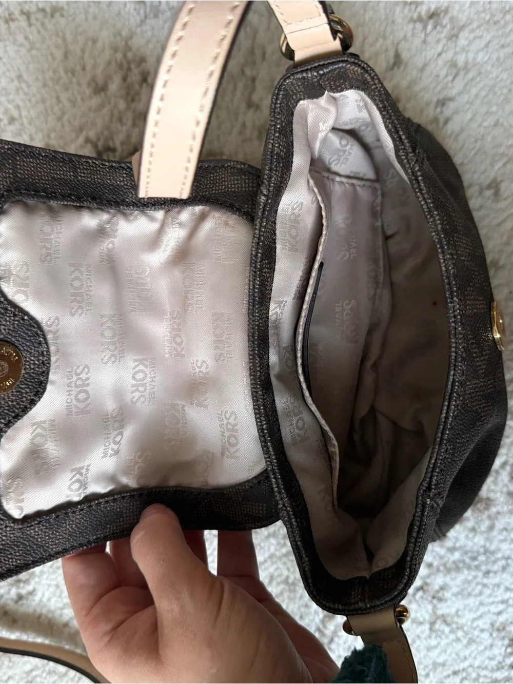 Michael Kors Dark Brown Logo Crossbody with Nude Strap